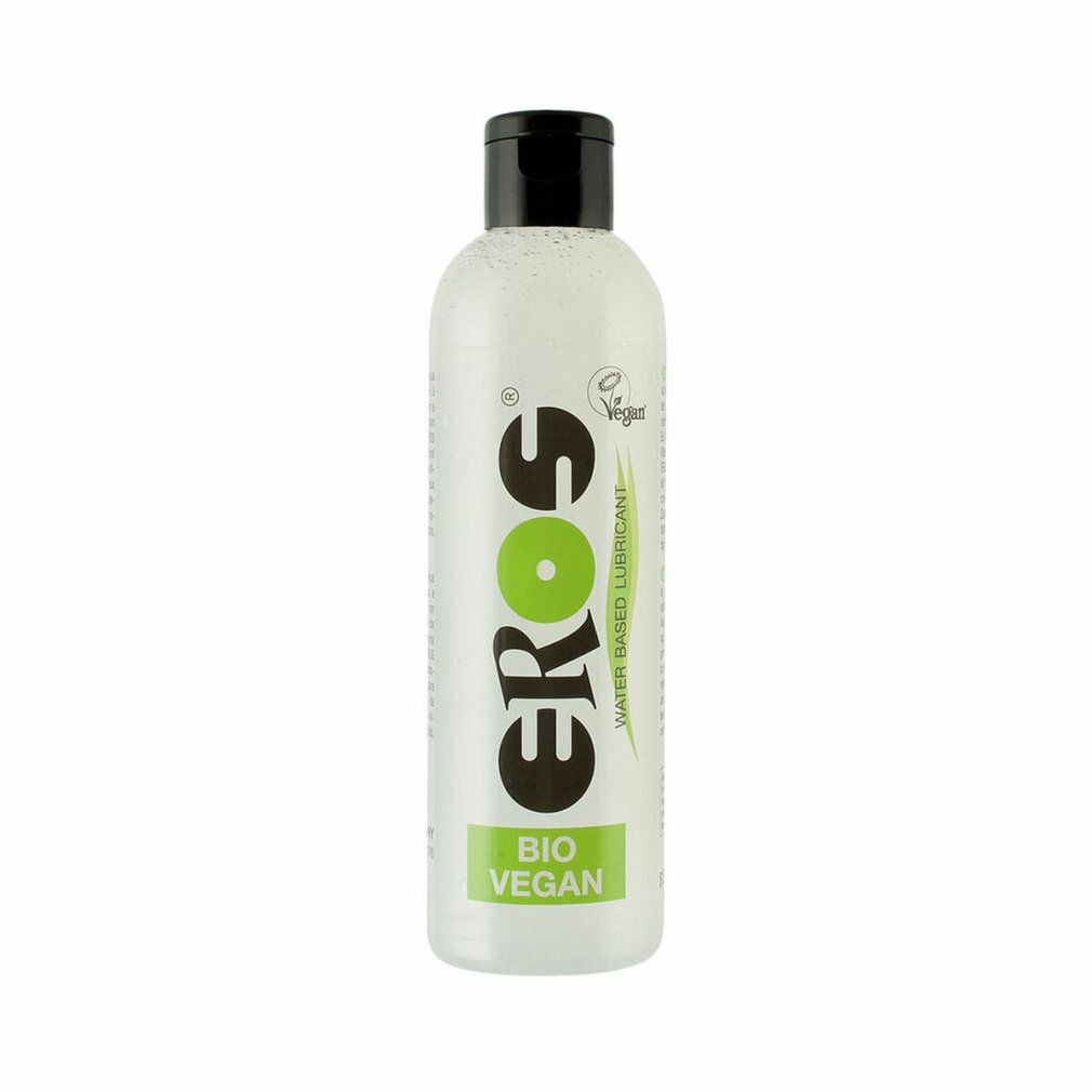 Flasche mit schwarzem Deckel. Aufschrift EROS, BIO VEGAN und Vegan-Siegel. Wasserbasiertes Gleitmittel.