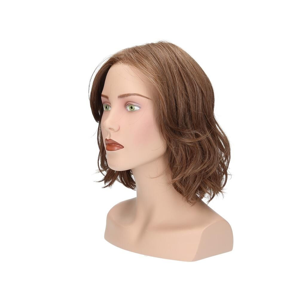 Perücke Lilie von trendhair, braun, gewellt, auf einem Schaufensterkopf. Seitenansicht.