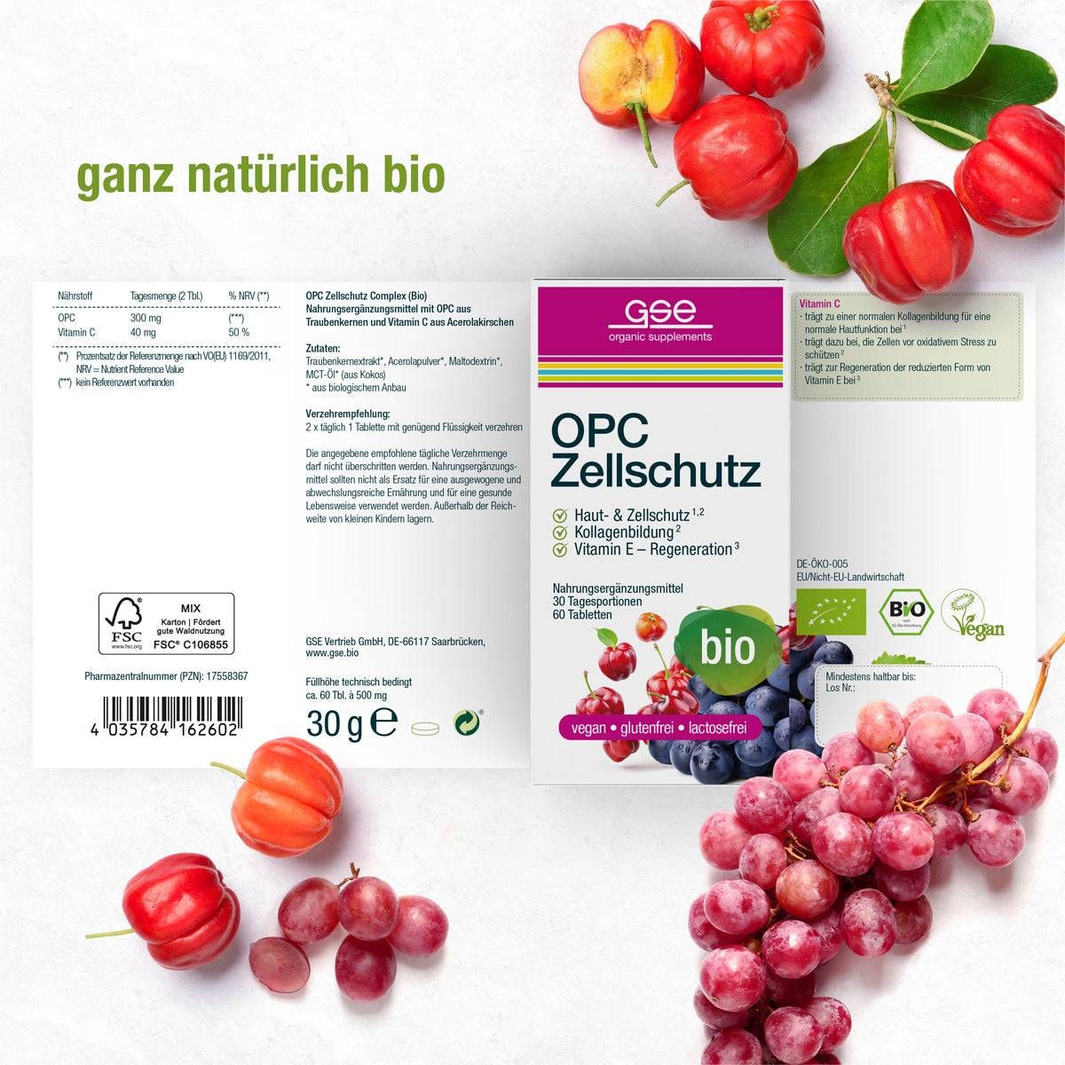 Geöffnete Verpackung mit GSE OPC Zellschutz. Aufschrift: 75 Tagesportionen, 150 Tabletten. Bio-Siegel. Früchte und Trauben.