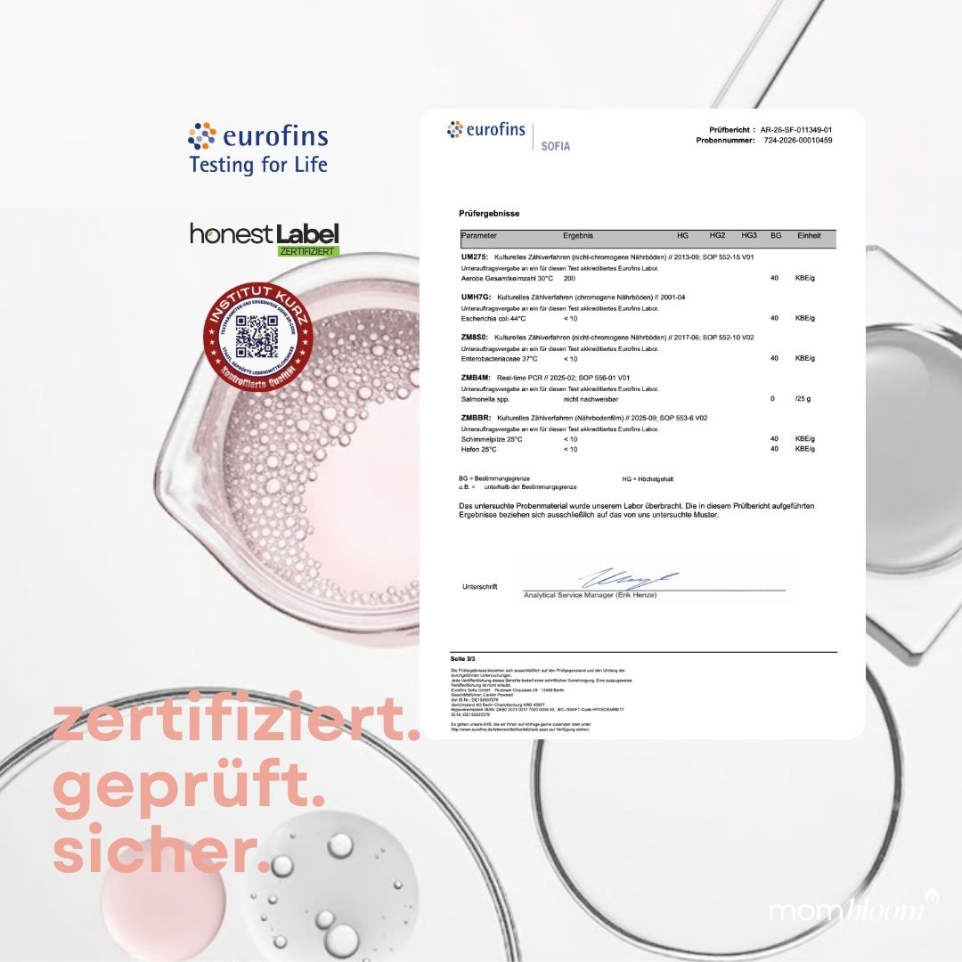Zertifizierungsdokumente. Text über Zertifizierung. mombloom® Logo.