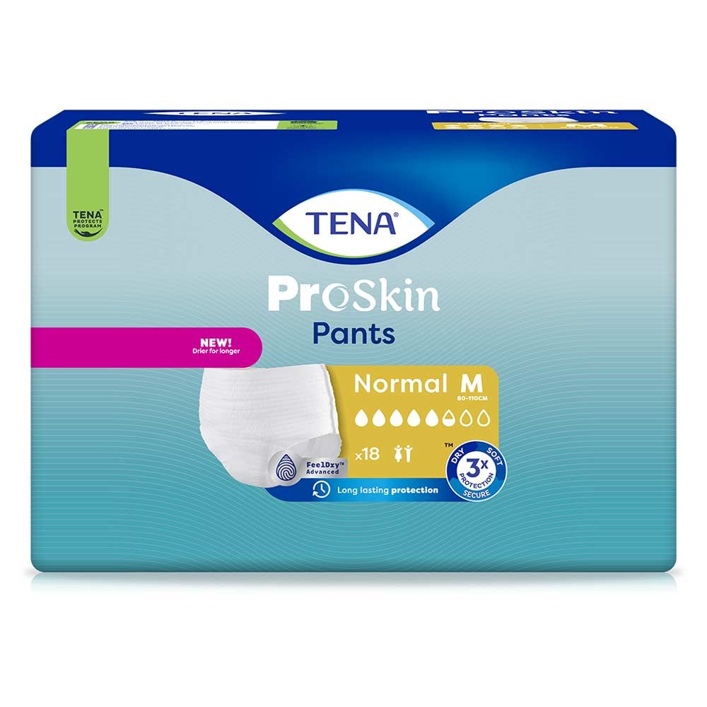 Verpackung von TENA ProSkin Pants Normal M. Blaue und grüne Verpackung mit Produktabbildung und Produktinformationen.