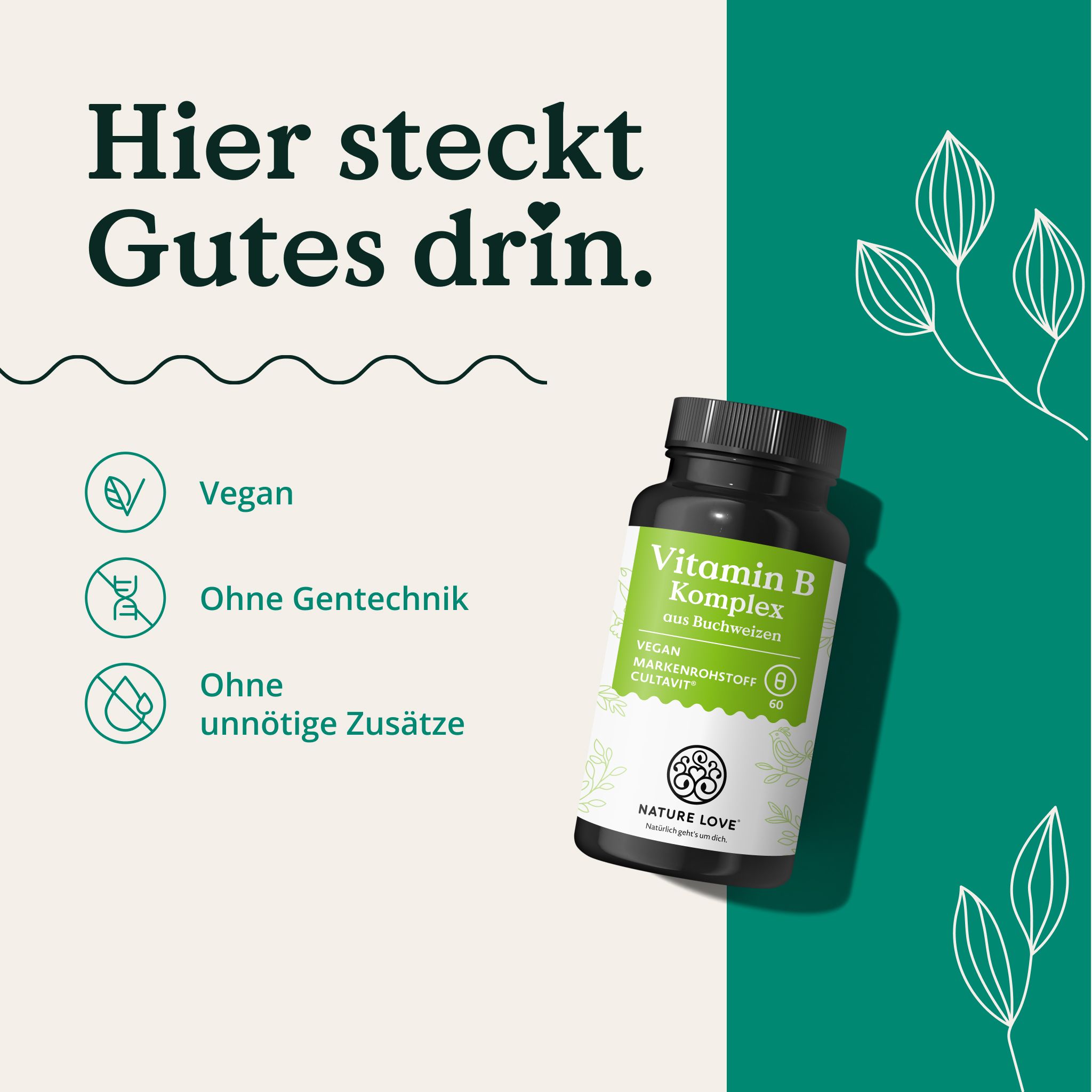 Flasche mit Vitamin B Komplex aus Buchweizen, Text: Hier steckt Gutes drin. Vegan, Ohne Gentechnik.