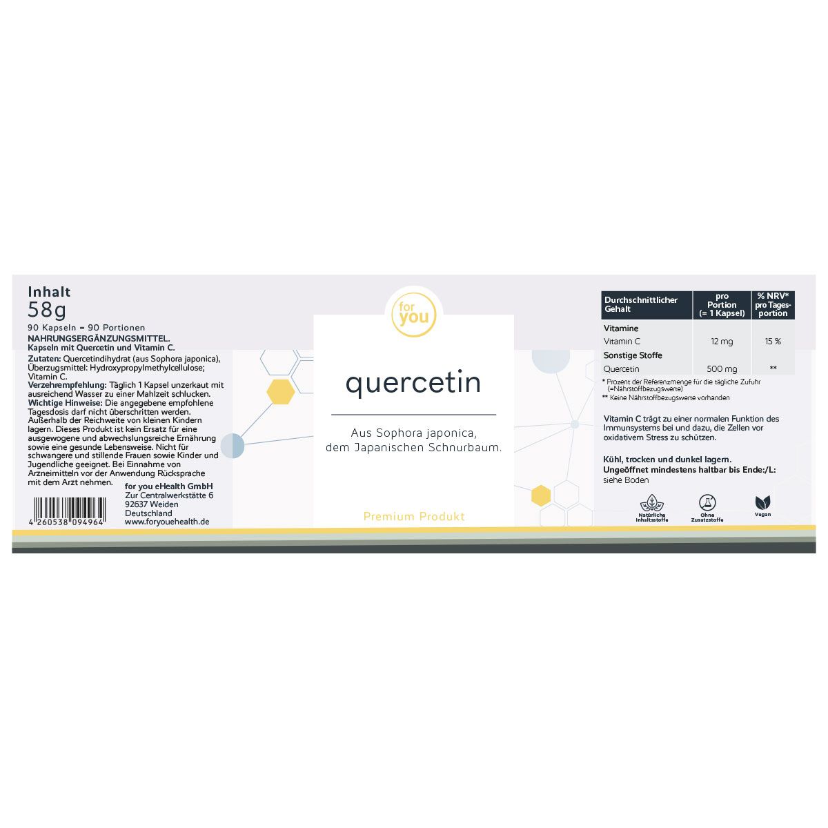 Verpackung mit "for you" und "quercetin". Text: 58g, 90 Portionen. Inhaltsstoffe und Nährwertangaben. Premium Produkt.
