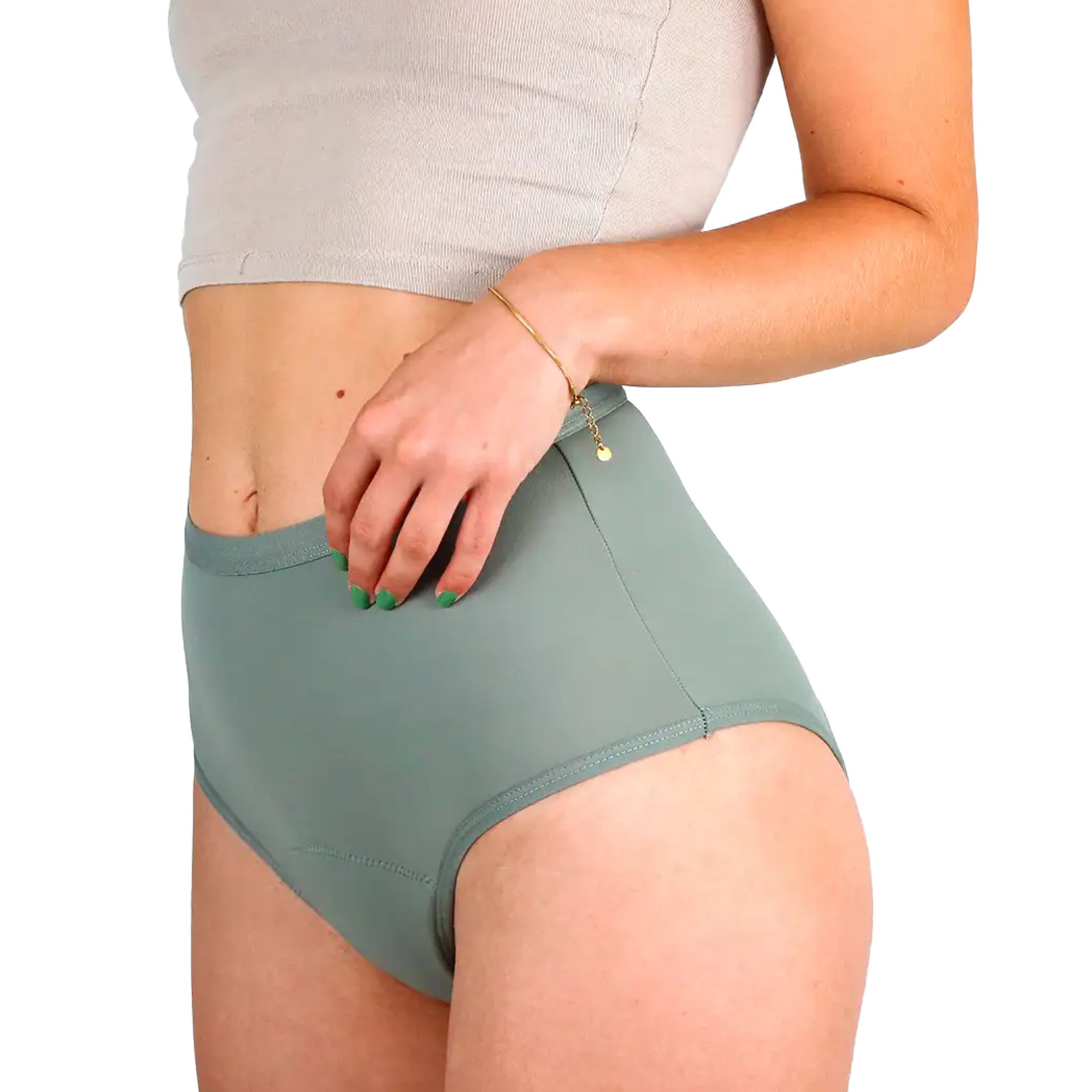 Seitenansicht einer grünen High-Waist Periodenunterwäsche mit hohem Bund.