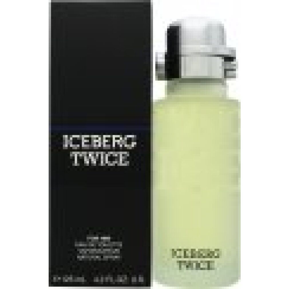 Flakon und Schachtel. Flakon mit silbernem Verschluss. Schwarze Schachtel mit weißem Schriftzug ICEBERG TWICE. Text: Eau de Toilette Pour Homme.