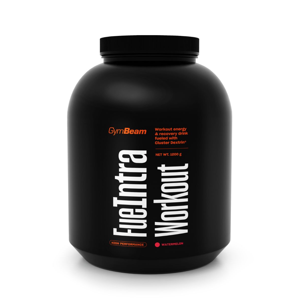 Schwarzer Behälter mit GymBeam FueIntra Workout Pulver, Geschmacksrichtung Wassermelone.