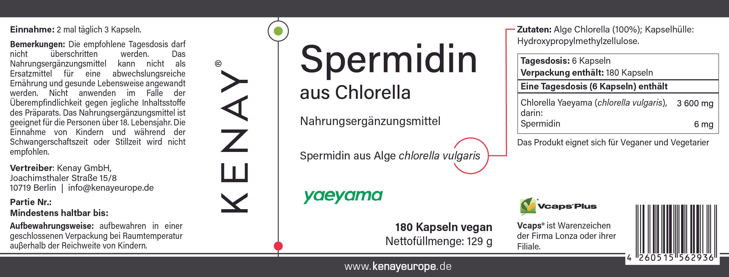 Weißes Etikett mit Text: Spermidin aus Chlorella, Nahrungsergänzungsmittel, 180 Kapseln vegan, KENAY®. Zutatenliste und Nährwertangaben.
