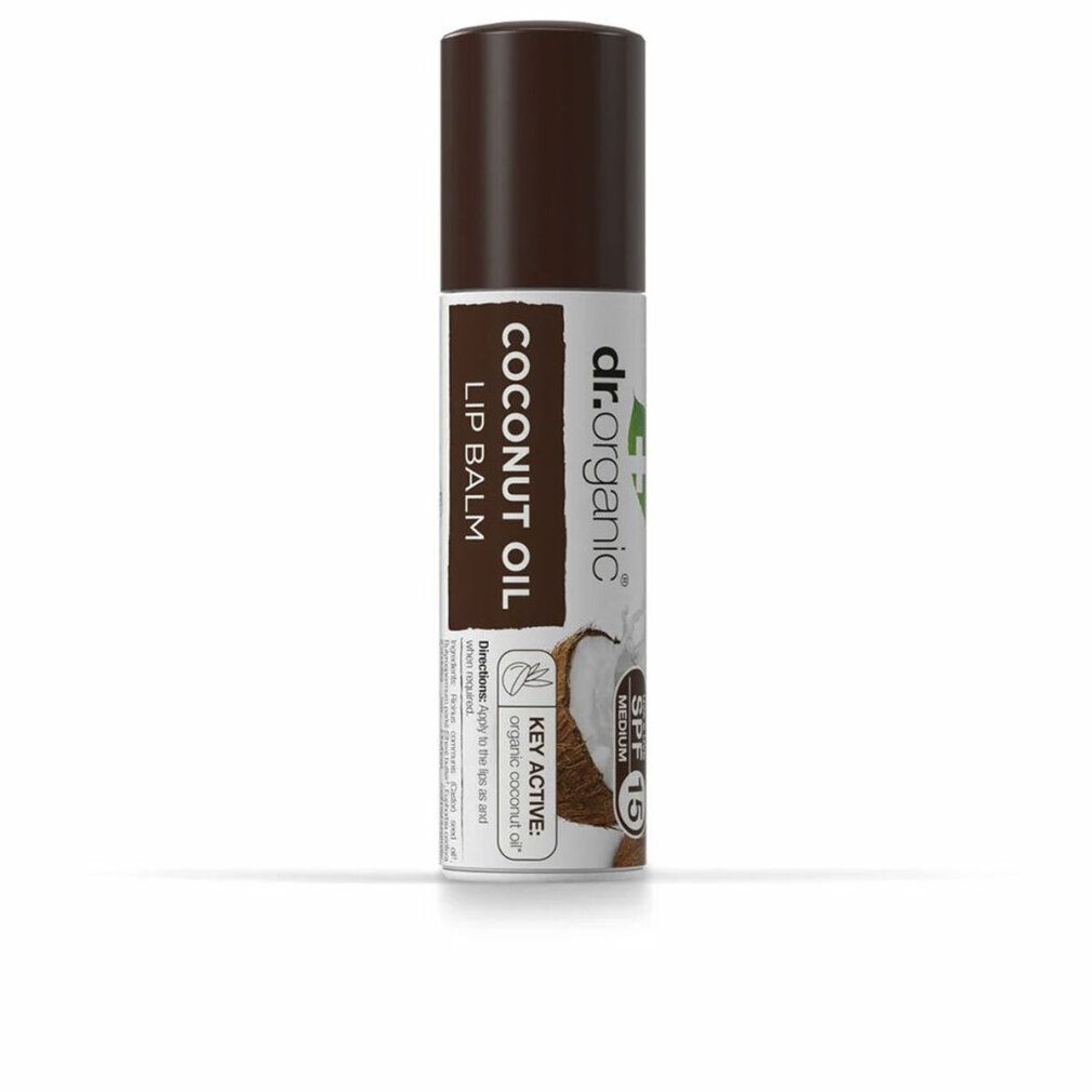 Lippenbalsam mit braunem Deckel. Aufschrift: Coconut Oil Lip Balm, SPF 15. Marke: dr.organic. Kokosnuss-Illustration.