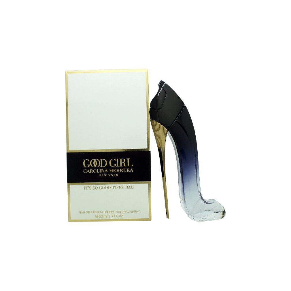 High-Heel-Parfümflakon, blau-schwarz und goldfarben, neben einer weißen Schachtel mit schwarzem Band.