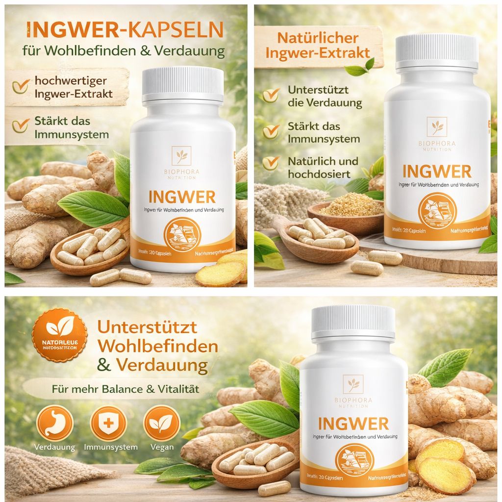 Mehrere Flaschen mit Ingwer-Kapseln. Aufschrift: Ingwer-Kapseln, Natürlicher Ingwer-Extrakt. Abbildungen von Ingwer und Kapseln. Zusatzinformationen.