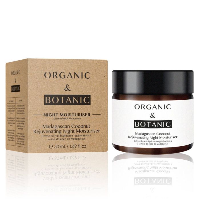 Creme-Tiegel und Karton. Aufschrift: ORGANIC & BOTANIC, Night Moisturiser, Madagascan Coconut Rejuvenating Night Moisturiser.