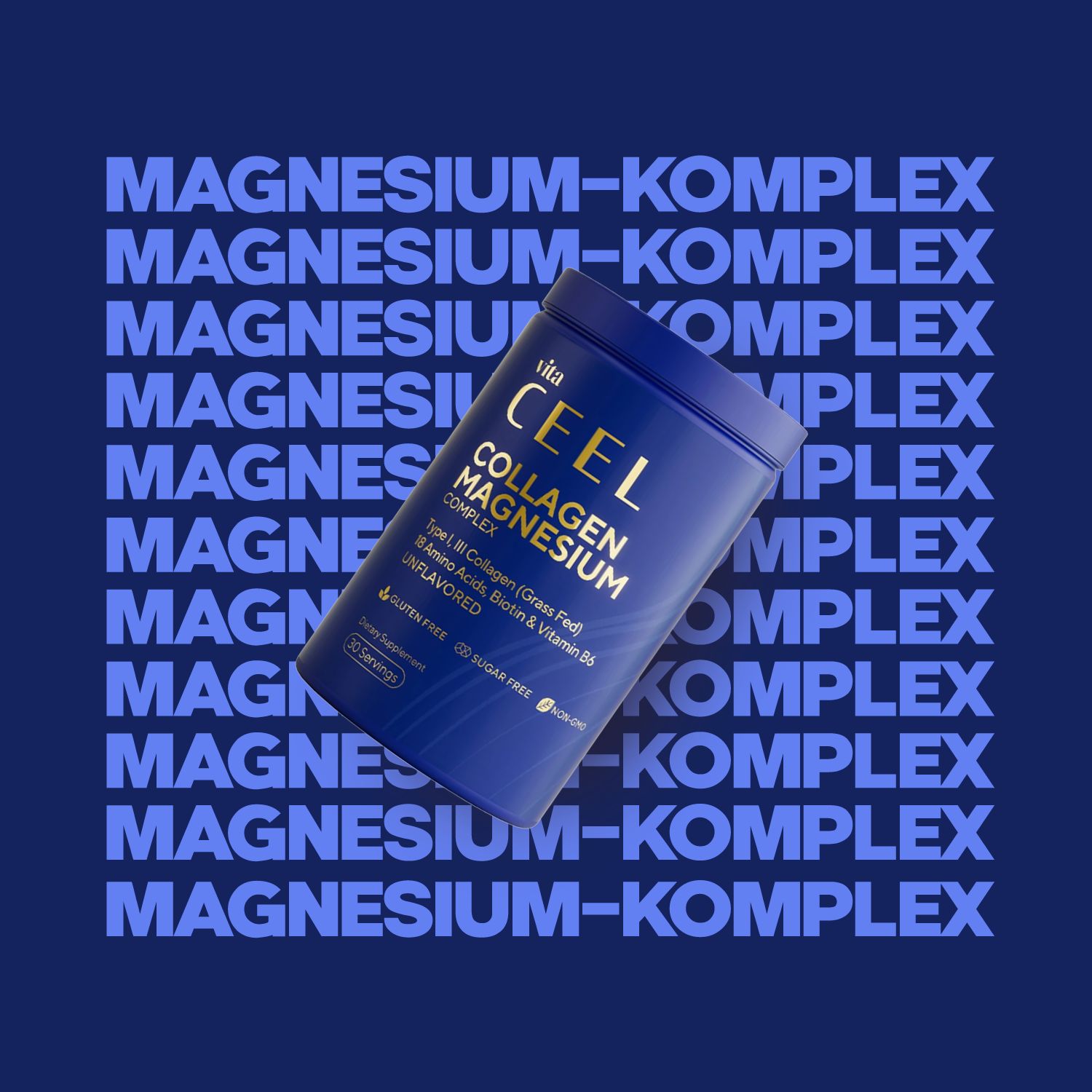 Blaue Dose mit vita CEEL Kollagen Magnesium Komplex. Enthält Typ I & III Kollagen, Aminosäuren, Biotin & Vitamin B6. Glutenfrei, zuckerfrei.