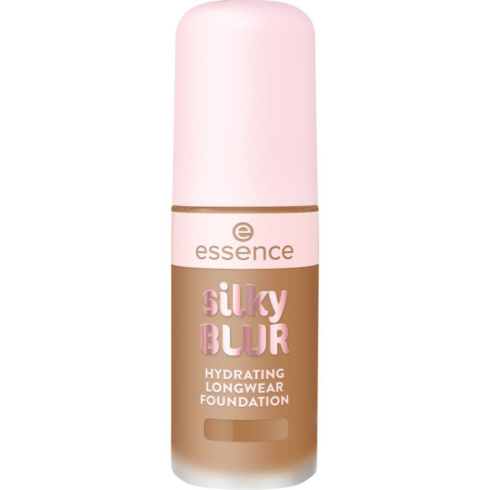 Foundation-Flakon mit rosa Deckel. Aufschrift: Essence, Silky Blur, Hydrating Longwear Foundation. Farbton-Indikator.