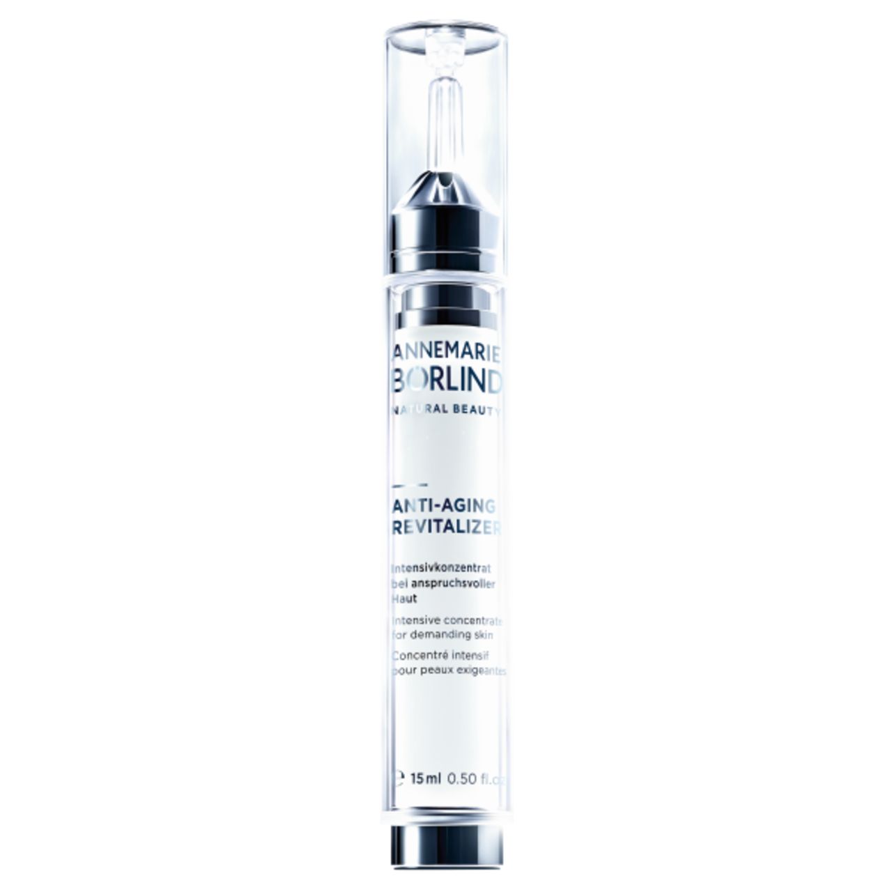 Serumflasche mit silbernem Verschluss und durchsichtiger Kappe. Beschriftung: ANTI-AGING REVITALIZER.