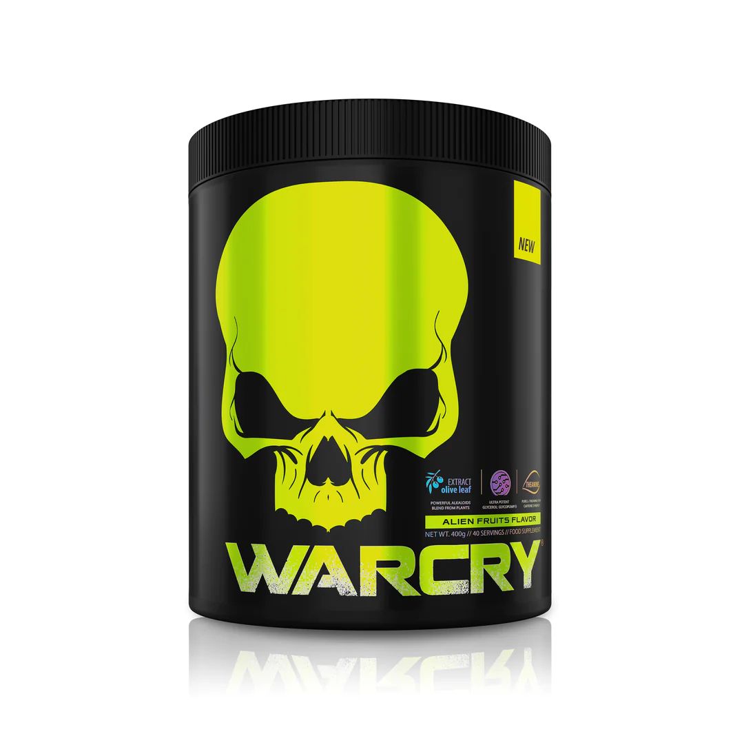 Schwarze Dose mit grünem Totenkopf-Design. Aufschrift WARCRY, Alien Fruits Flavor. Gelbes 'NEW' Etikett.