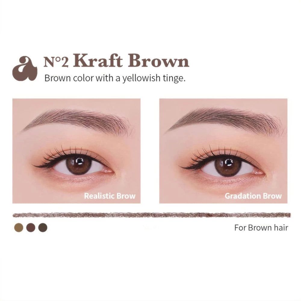 Augenbrauenstift-Beispiel. Zwei Augenpartien zeigen unterschiedliche Brauen-Looks. Farbton: Kraft Brown. Text: „For Brown hair“.