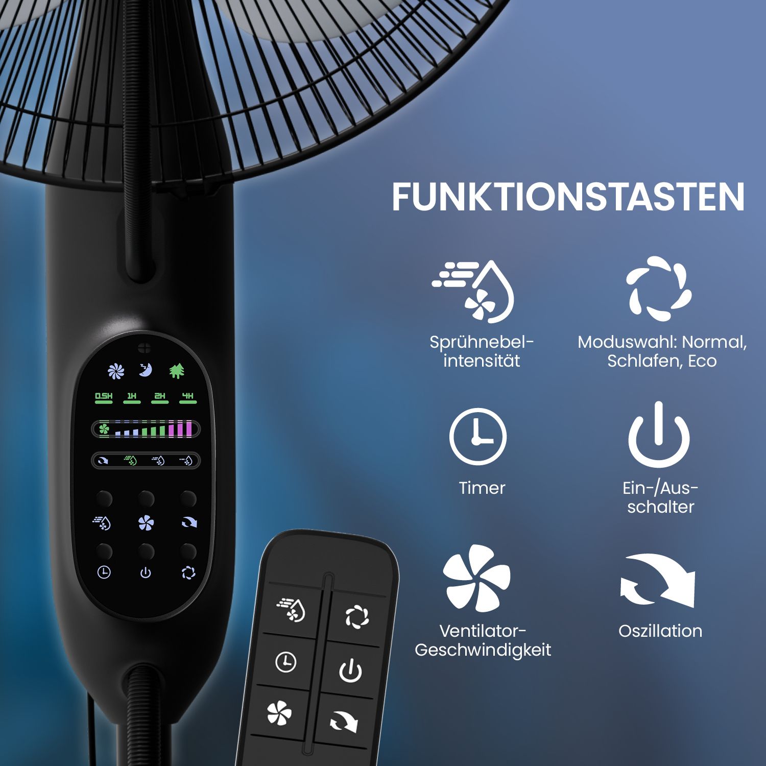 aktimeo Standventilator mit Luftbefeuchtung, Timer, Wassertank, Nebelfunktion