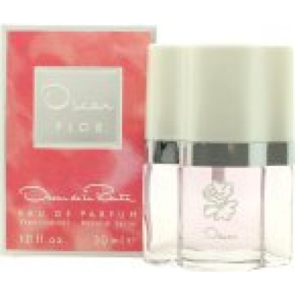 Rosa Parfumflasche mit weißem Deckel und Karton. Auf dem Karton steht "Oscar Flor".