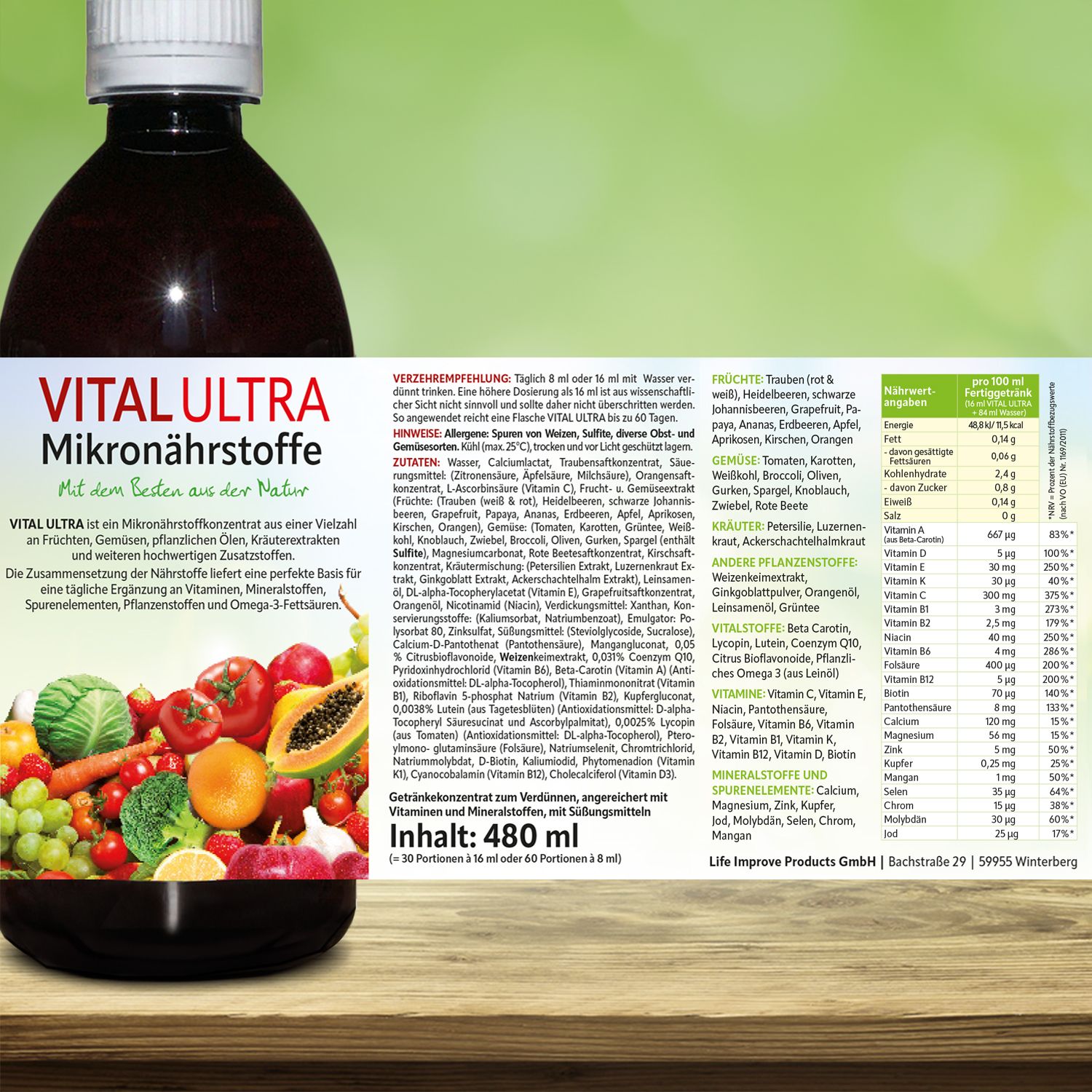 VITAL ULTRA Flasche mit Zutatenliste und Nährwertangaben. Text: Enthält 480 ml. Herstelleradresse.