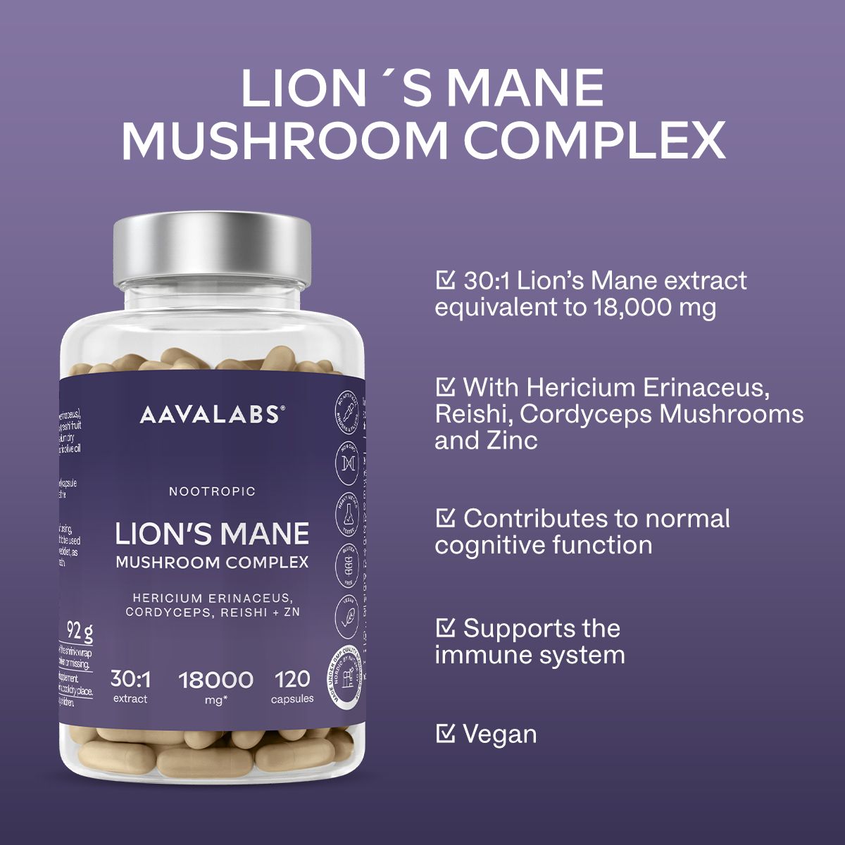 Kapsel-Flasche mit Text und Icons. Enthält Lion's Mane, Reishi, Cordyceps und Zink. Vegan.