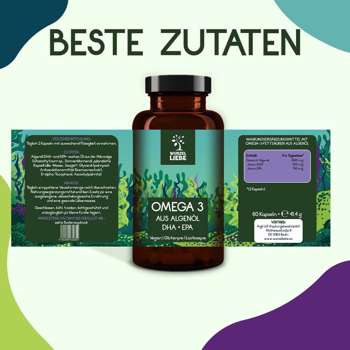 Braune Flasche mit Kapseln. Aufschrift: Omega 3, DHA + EPA. Text: Beste Zutaten. Verpackung mit Informationen zu Inhaltsstoffen und Dosierung.