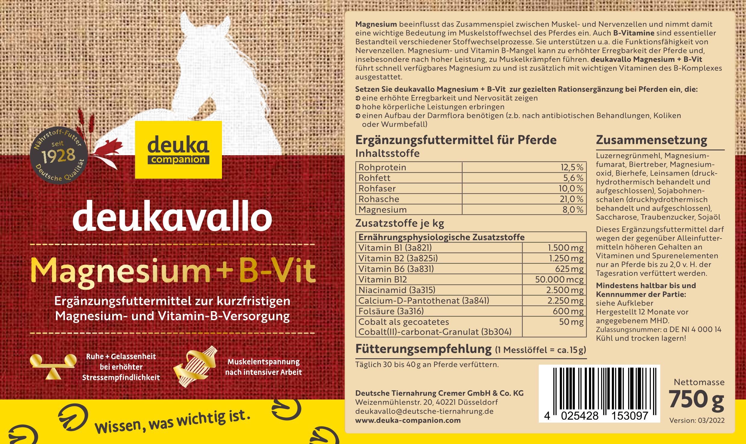 deukavallo Magnesium + B-Vit - Supplement für Pferde mit Stressanfälligkeit & Leistungsanforderung