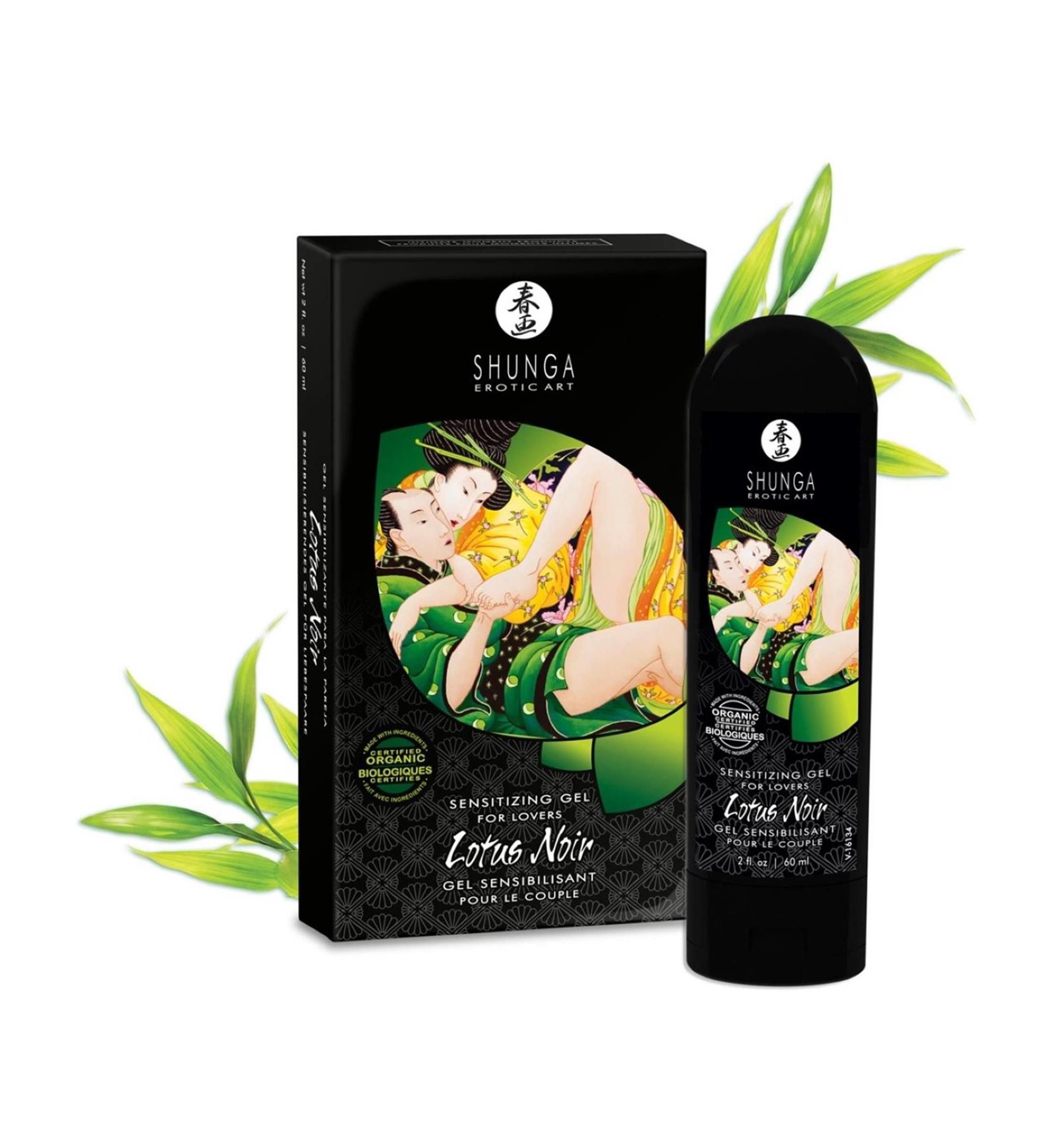Schwarze Verpackung und Flasche. Aufdruck: Shunga, Lotus Noir Sensitizing Gel. Abbildung: Paar in erotischer Pose.