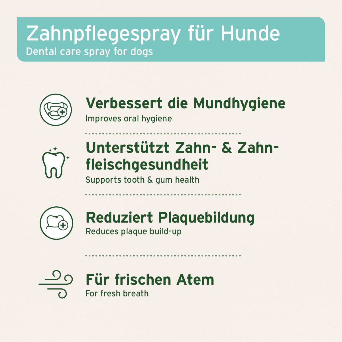 Infografik mit Icons und Text. Verbessert Mundhygiene, unterstützt Zahn- & Zahnfleischgesundheit, reduziert Plaquebildung, für frischen Atem.