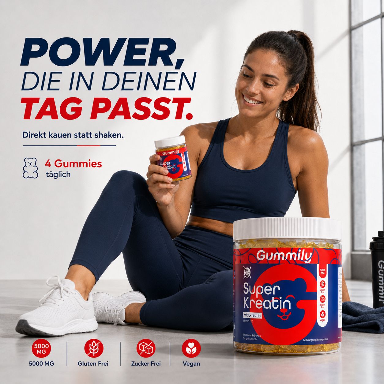 Frau mit Gummily Super Kreatin Gummibärchen: 4 Stück täglich, 5000 mg, glutenfrei, zuckerfrei, vegan.