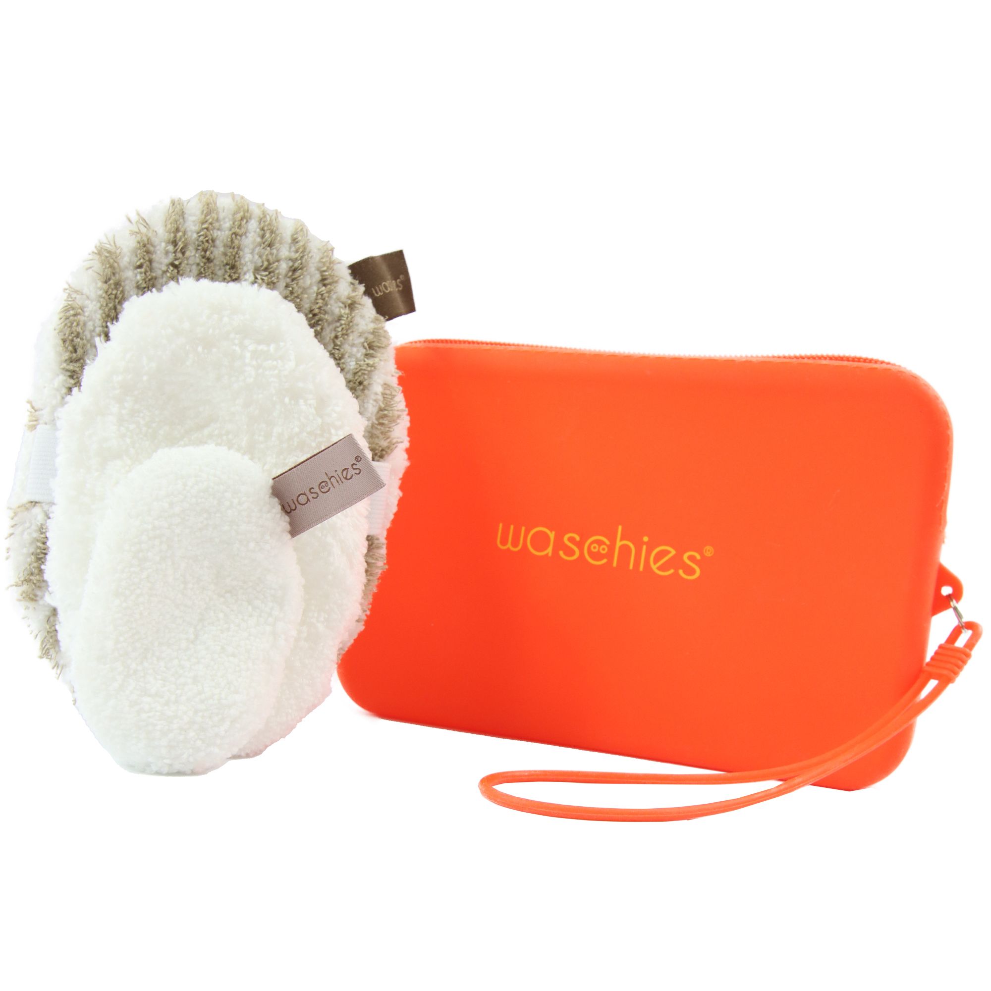 Orangefarbene Tasche mit Reißverschluss und Griff. Daneben drei runde Waschpads. Auf der Tasche steht "waschies".