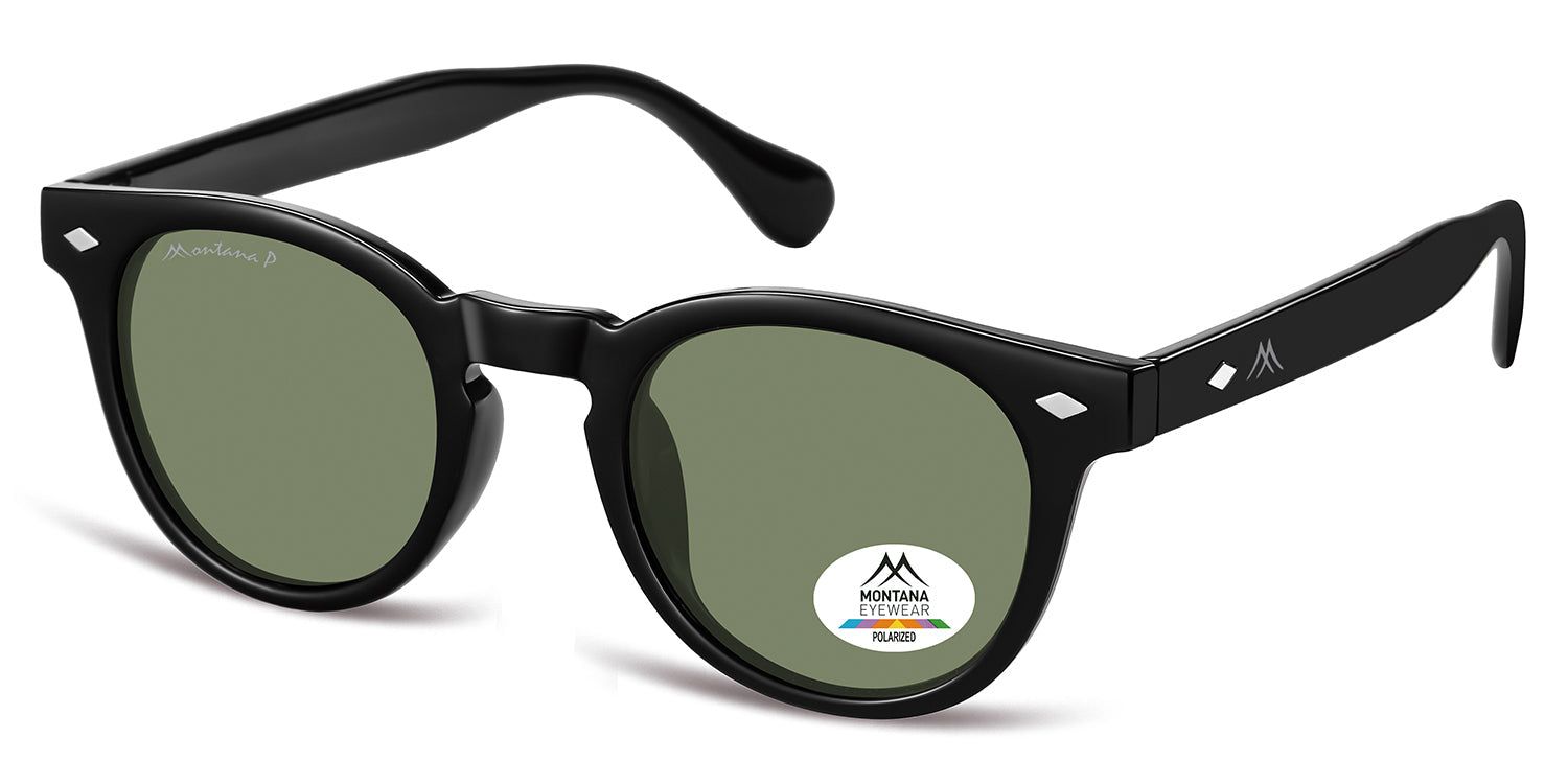 Schwarze Sonnenbrille, seitliche Ansicht. Runde Gläser, Montana Eyewear Logo auf dem Bügel. Polarisierte Gläser.