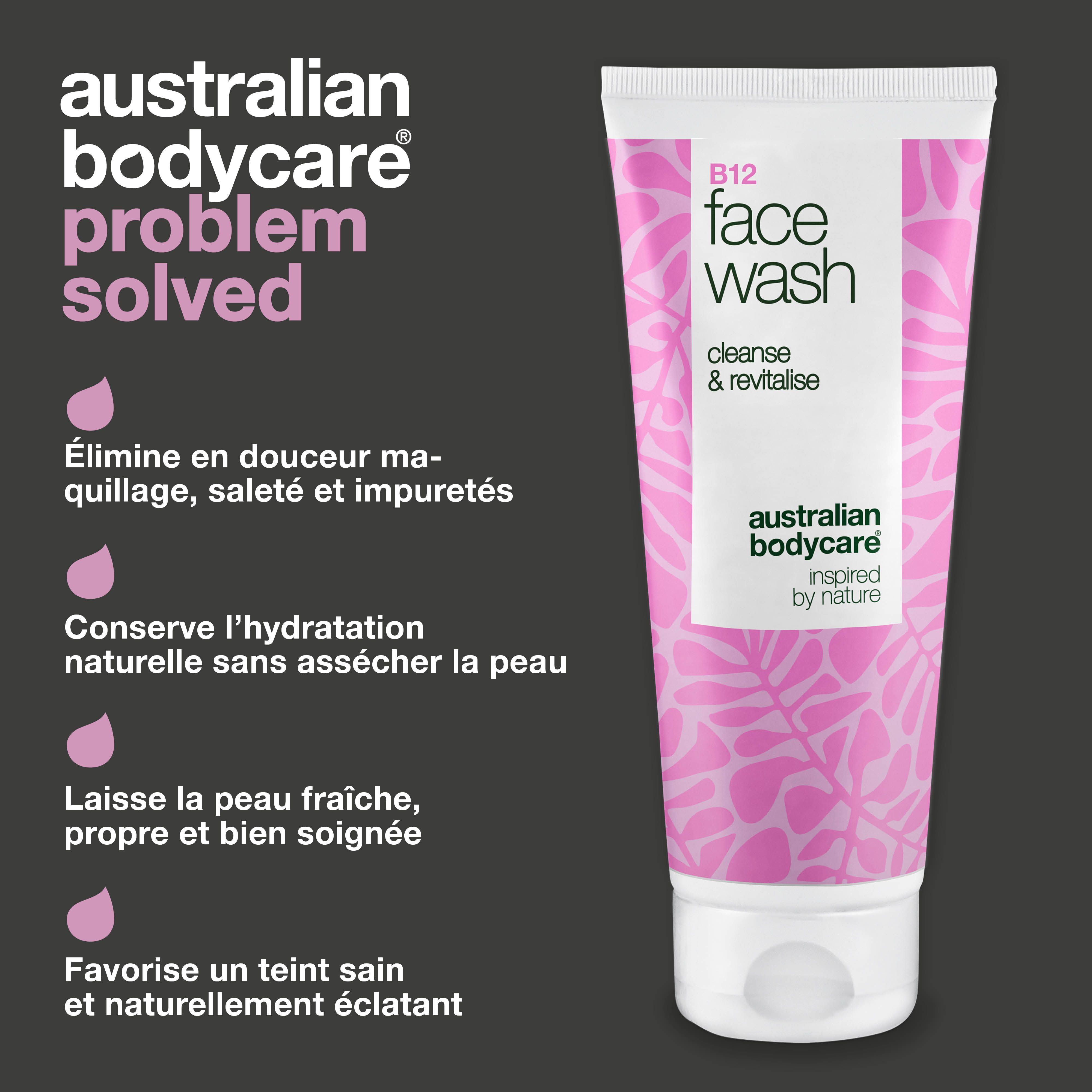 Tube de nettoyant visage avec texte. Texte : Problème résolu. Inscription : B12 Face Wash, Australian Bodycare.