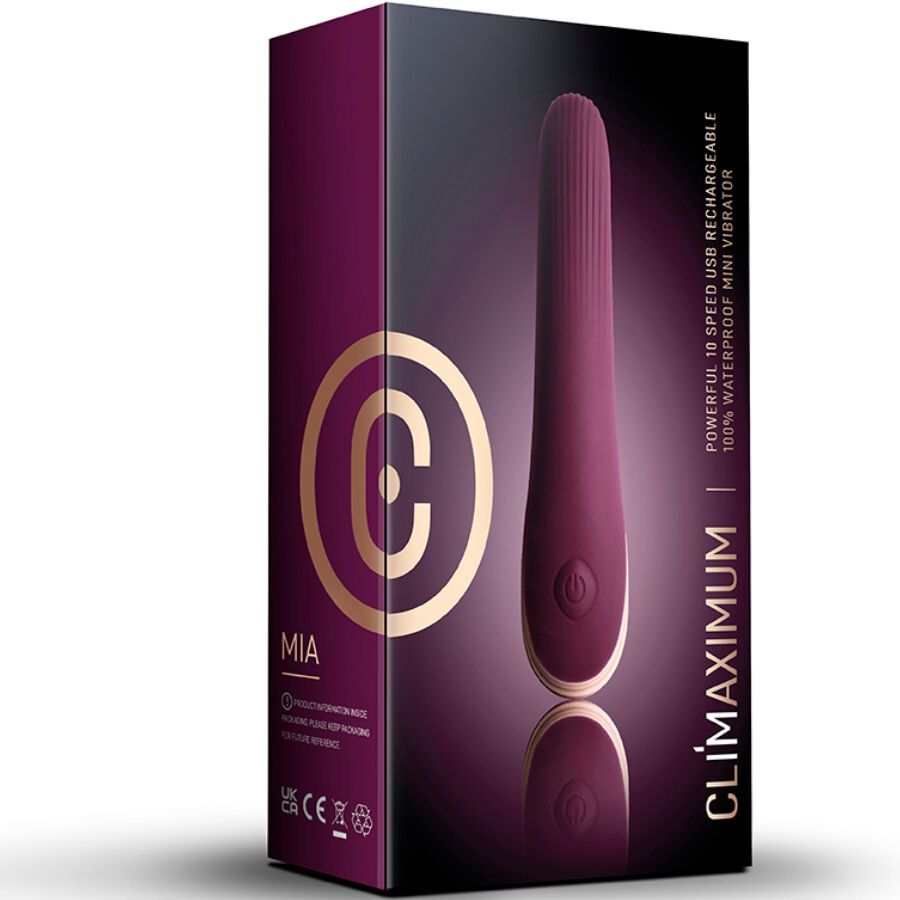 Verpackung mit lila Vibrator. Text: CLIMAXIMUM MIA, 10 Speed USB Rechargeable, Waterproof Mini Vibrator. Logo 'C'.