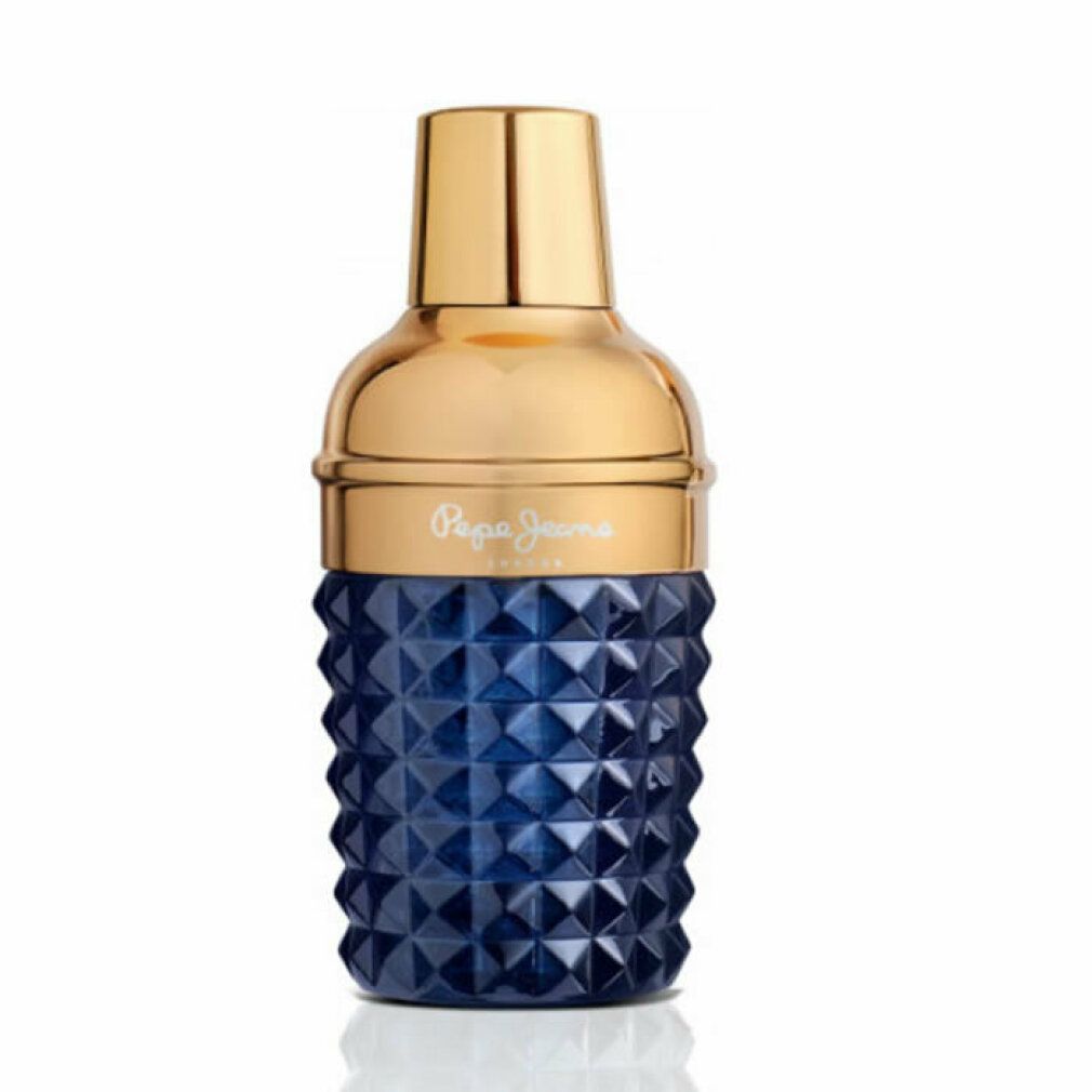 Pepe Jeans Celebrate For Him Eau de Parfum Flakon. Dunkelblauer, facettierter Flakon mit goldenem Verschluss.