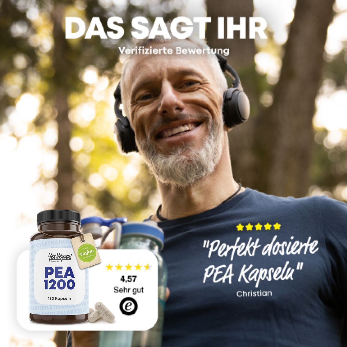 Braune Flasche mit PEA 1200 Kapseln. Mann mit Kopfhörern lächelt. Bewertung: 4,5 Sterne. Text: "Perfekt dosierte PEA Kapseln".