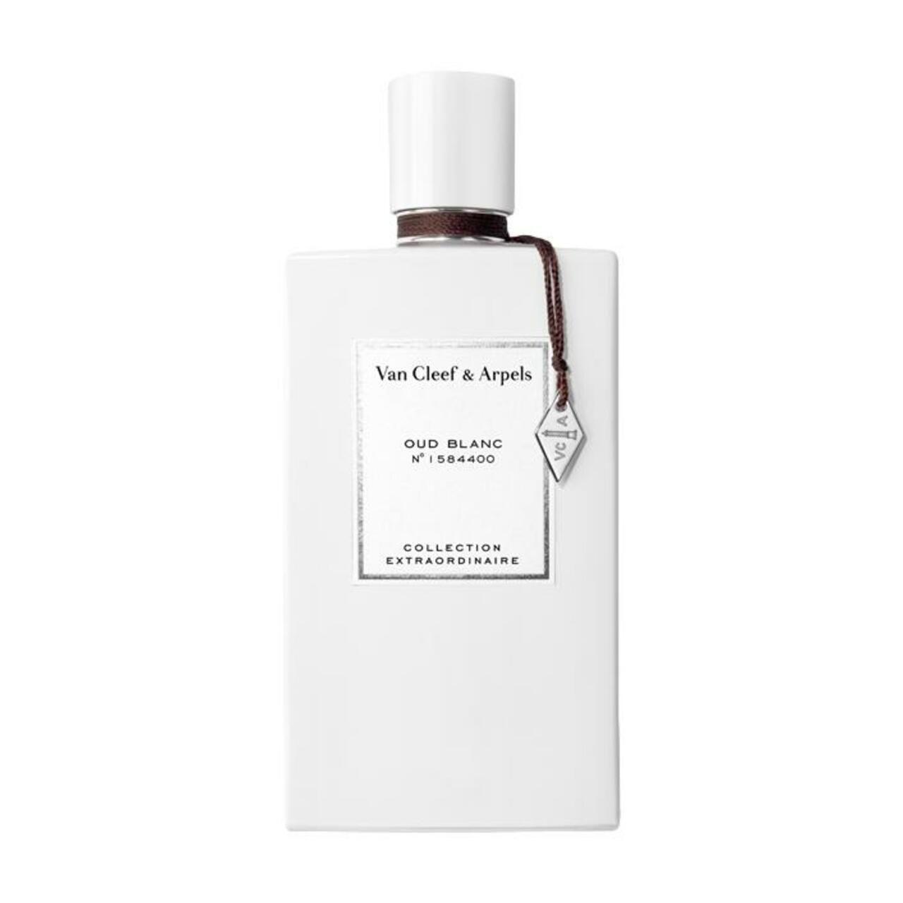 Weißer Flakon mit weißem Verschluss und braunem Band. Aufschrift: Van Cleef & Arpels, Oud Blanc, Collection Extraordinaire.
