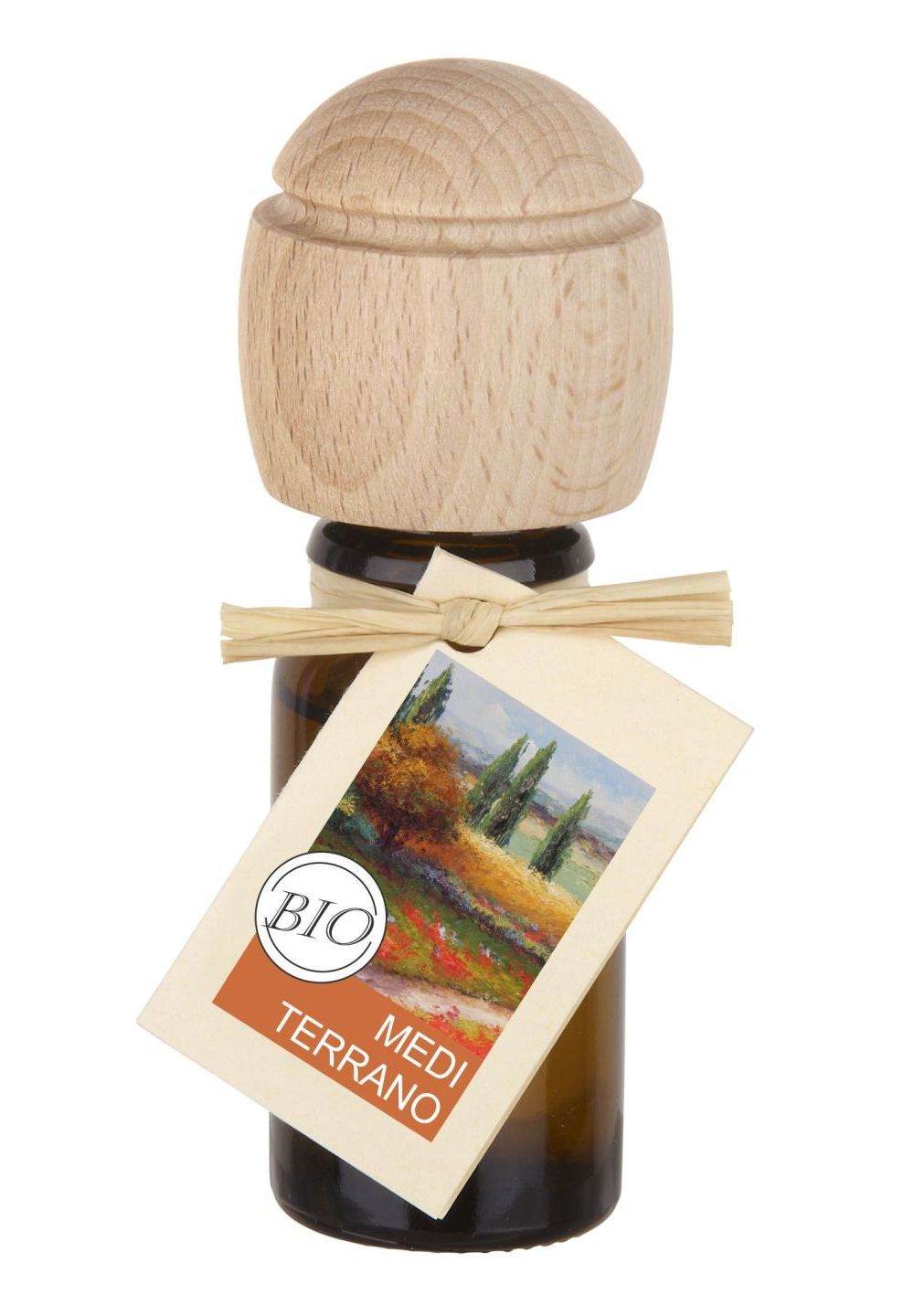 Braune Glasflasche mit Holzverschluss und Anhänger. Anhänger mit Landschaftsbild und BIO-Siegel. Aufschrift: MEDI TERRANO.