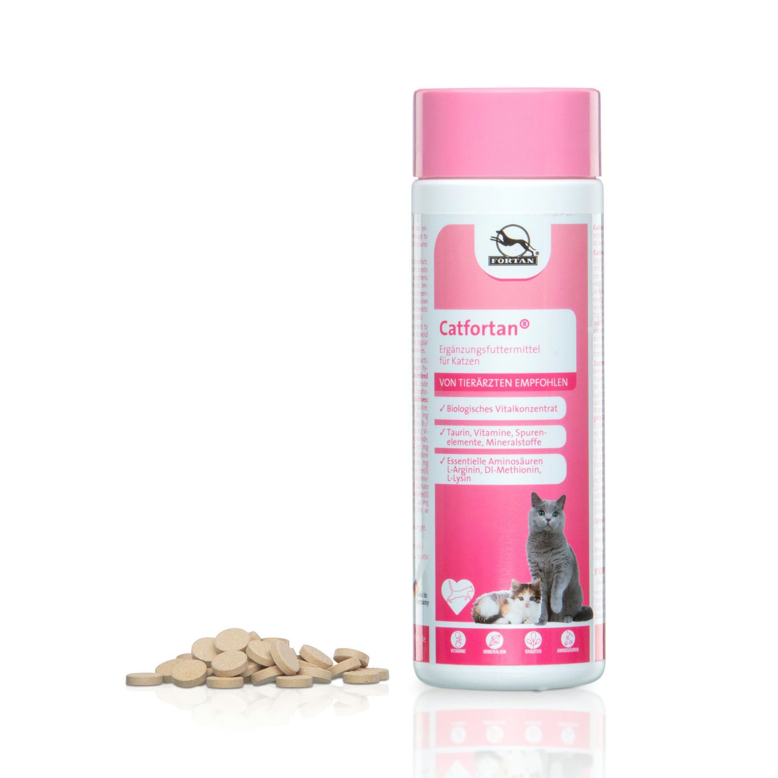 Catfortan Ergänzungsfuttermittel für Katzen. Flasche und Tabletten. Rosa-weißes Etikett mit Logo und Produktinformationen. Katzenabbildung.