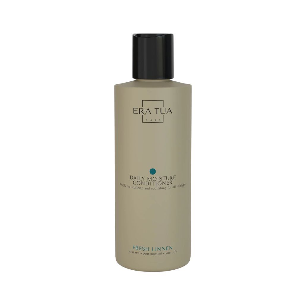 Beige Flasche mit schwarzem Deckel. Text: Era Tua, Daily Moisture Conditioner, Fresh Linen. Für weiche und genährte Haut.