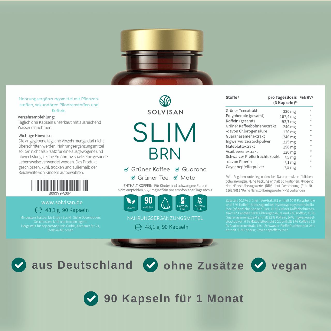 SOLVISAN® SLIM BRN - Natürlicher Booser mit Grüner Tee, Guarana, Mate - 90 Koffein Tabletten