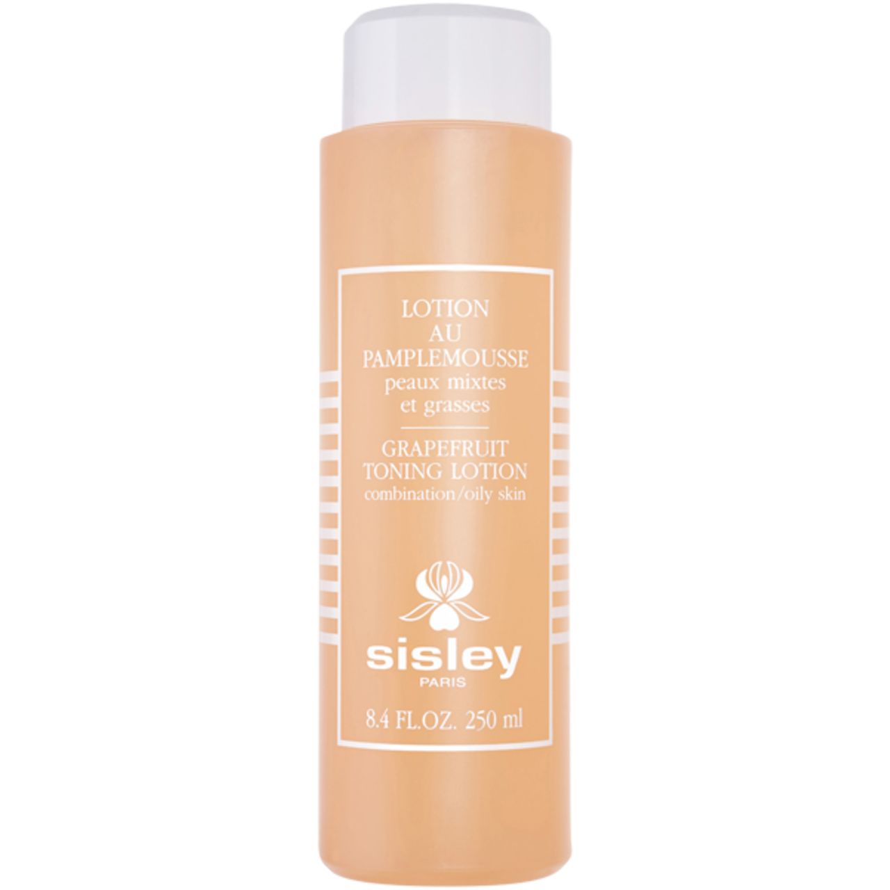 Rosa Flasche mit weißem Deckel. Etikett mit Text: Lotion au Pamplemousse, Sisley Paris, 8.4 FL. OZ. 250 ml.