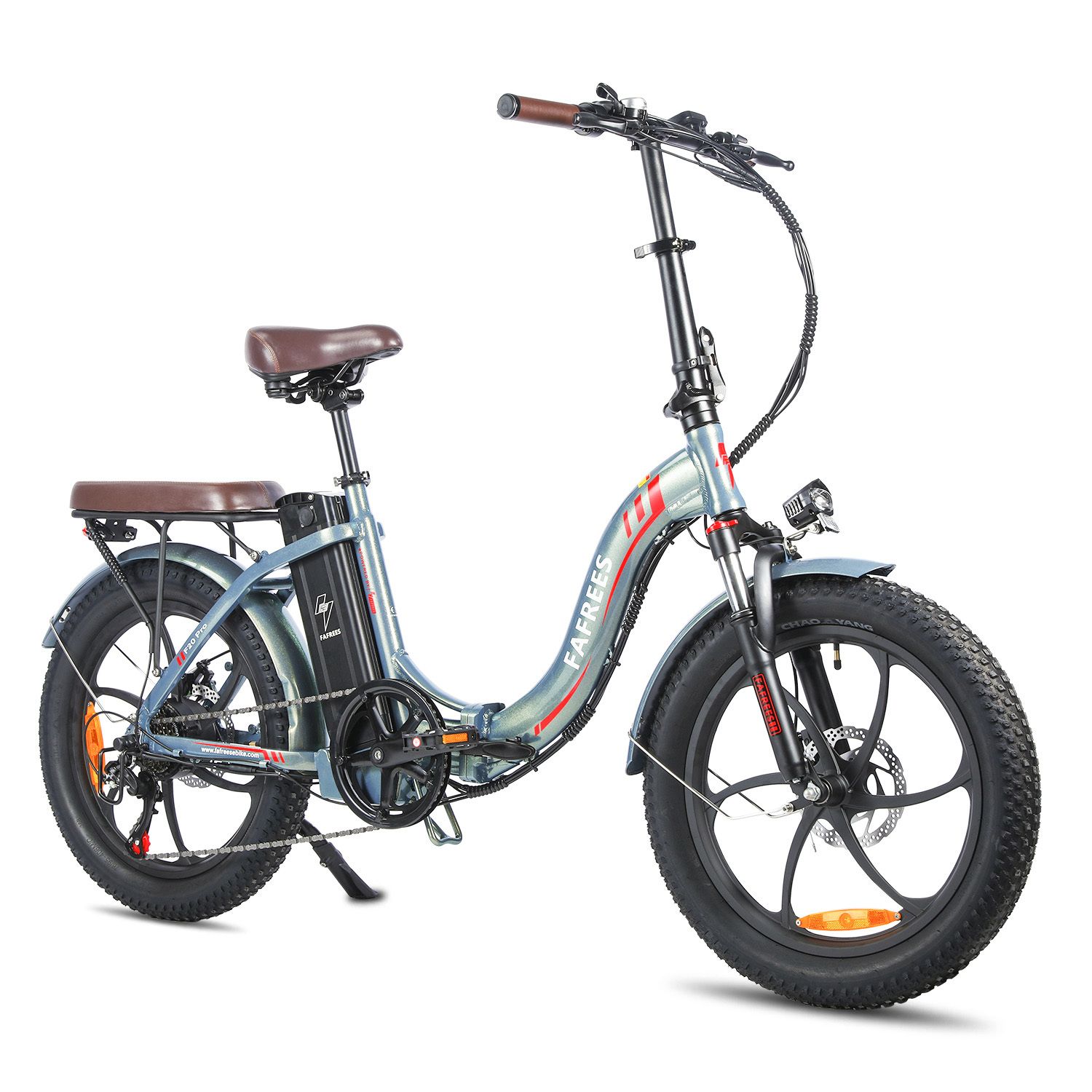 Fafrees F20 Pro E-Bike, blau, brauner Sattel, schwarze Reifen. Lenker, Frontlicht, Gepäckträger.