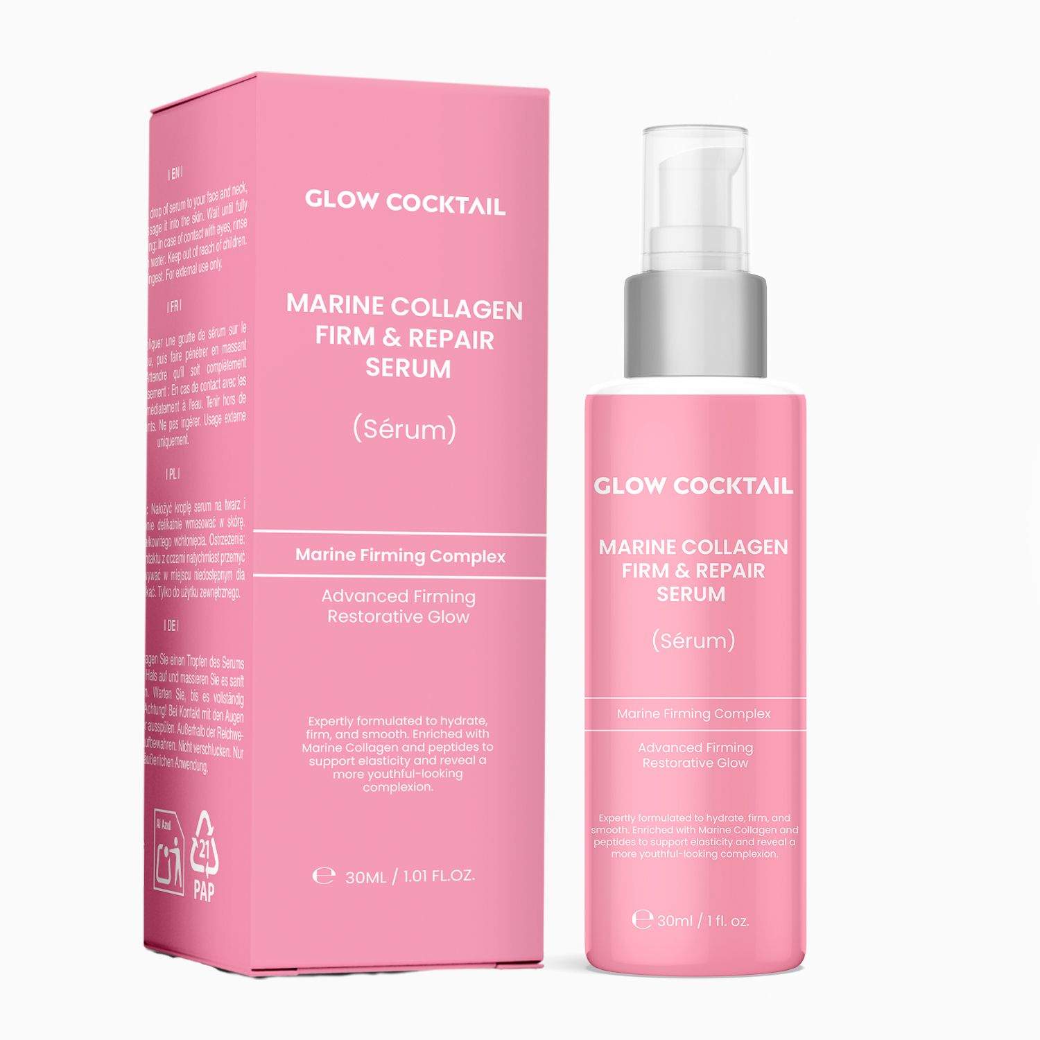 Glow Cocktail Marine Collagen Serum und seine rosa Verpackung.