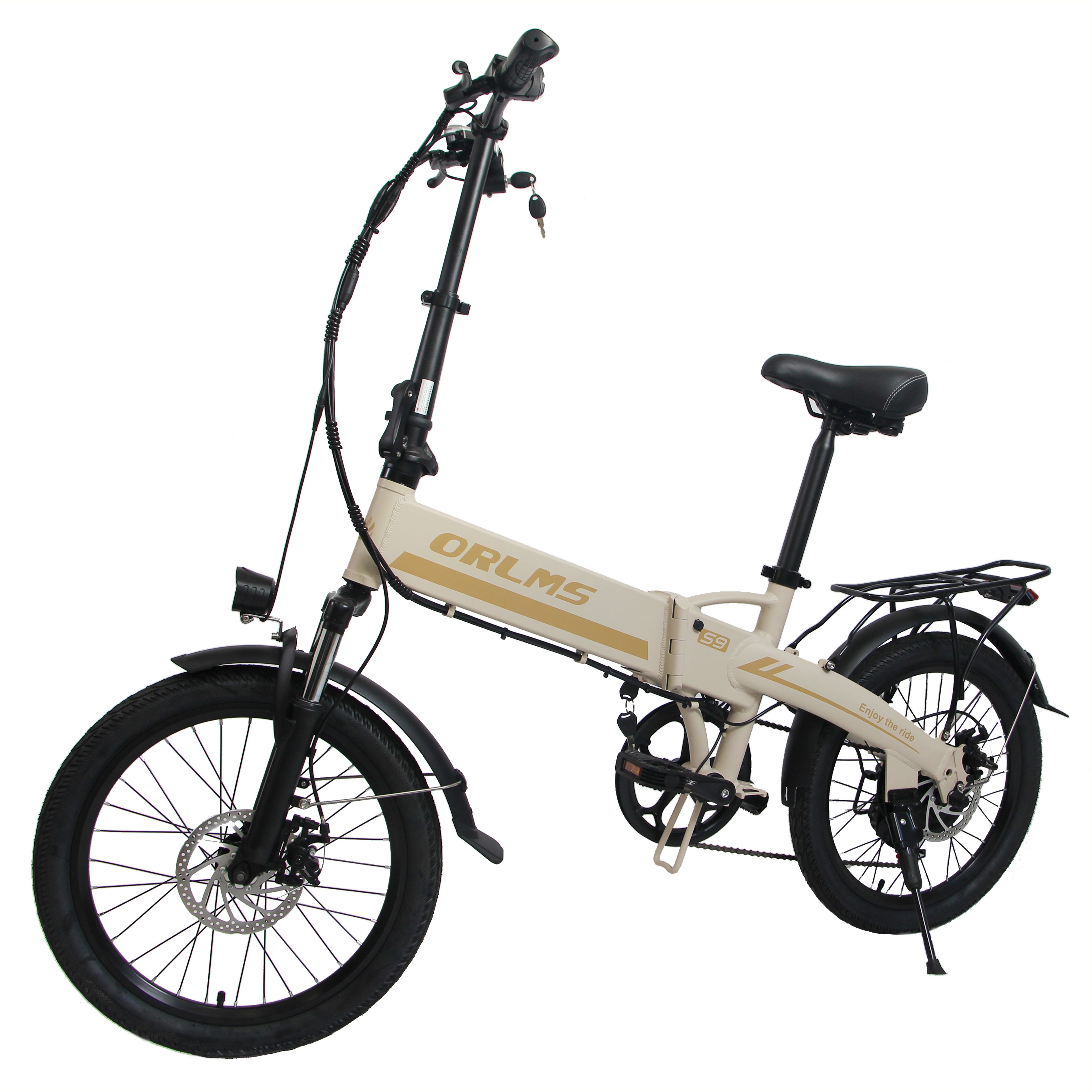 Faltbares E-Bike, beige-schwarz. ORLMS S9 Schriftzug. Gepäckträger, Schutzbleche, Sattel. 20-Zoll-Räder. Seitenansicht.