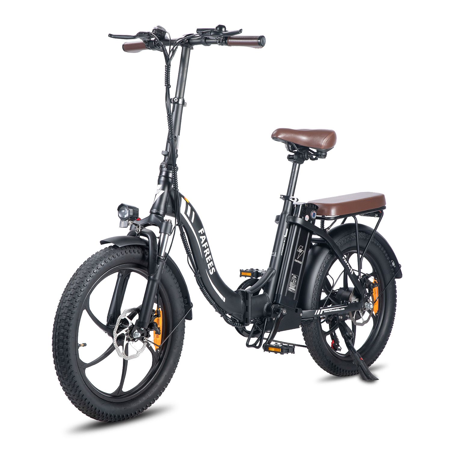 Schwarzes Fafrees F20 Pro E-Bike mit braunem Sattel. Sichtbare Details: Marke, Scheinwerfer, Schutzbleche.