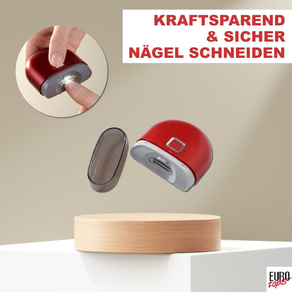 Elektrischer Nagelschneider rot, mit LED-Licht und Auffangbehälter. Kraftsparend und sicher.