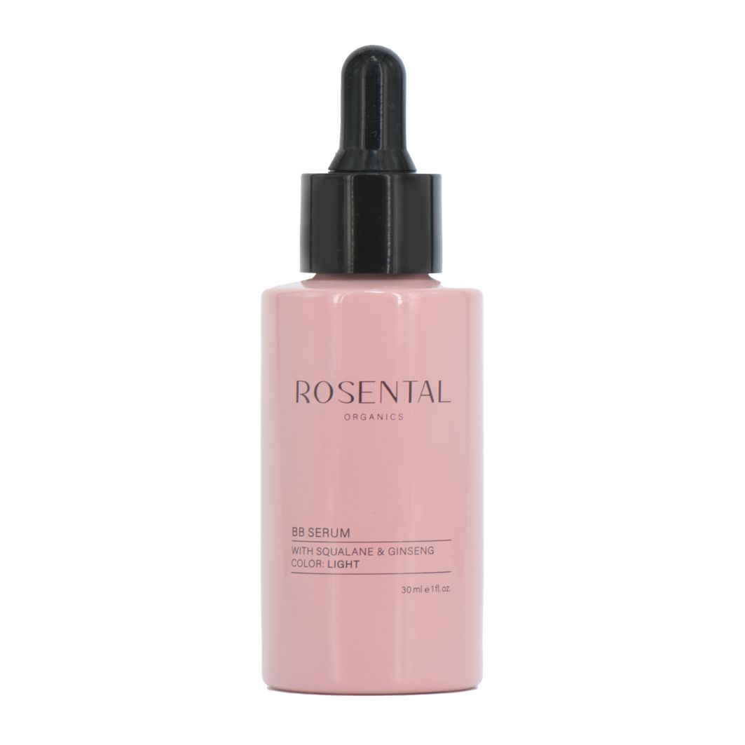 Rosa Flasche mit schwarzer Pipette. Aufschrift: Rosental Organics, BB Serum, Color Light. 30 ml.