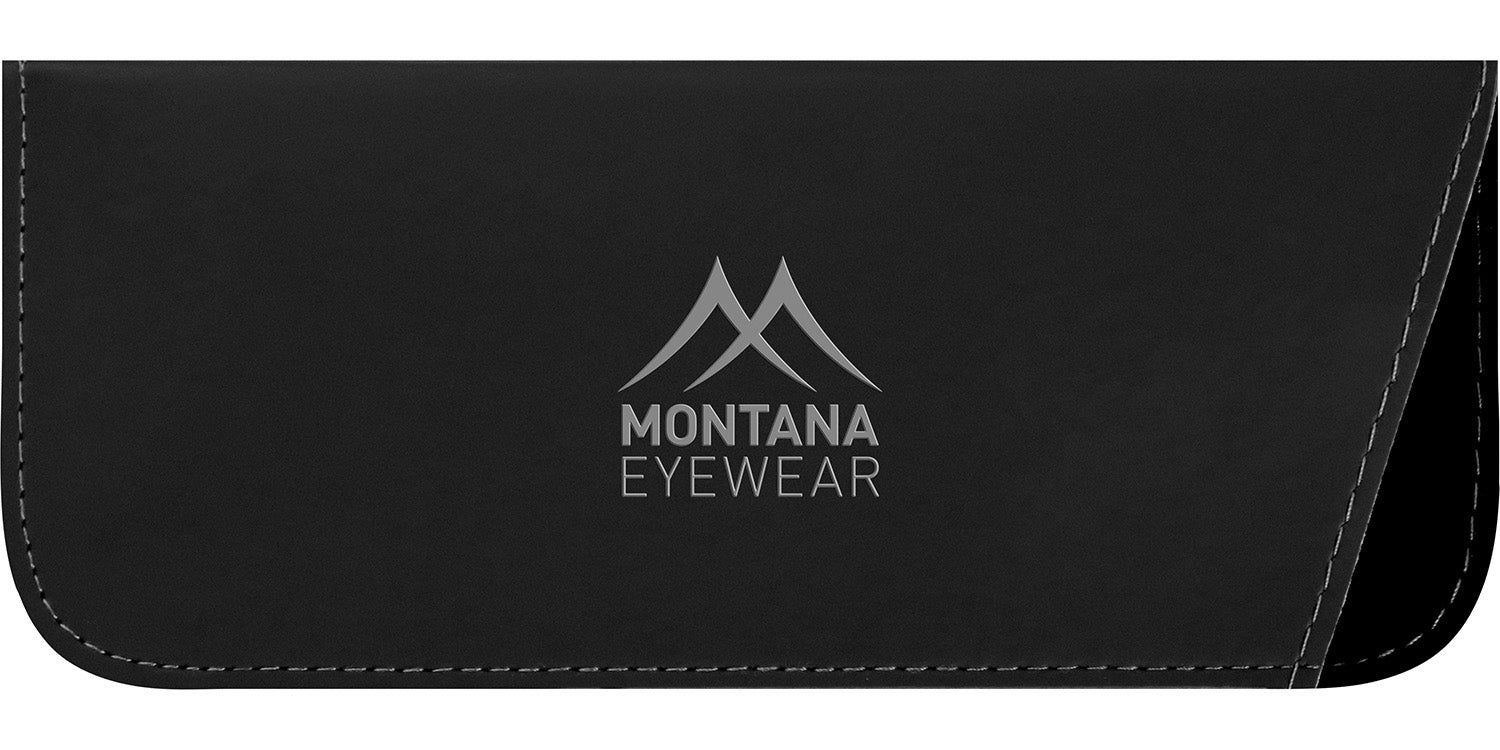 Schwarzes Brillenetui mit Montana Eyewear Logo. Graue Nähte und Akzent.