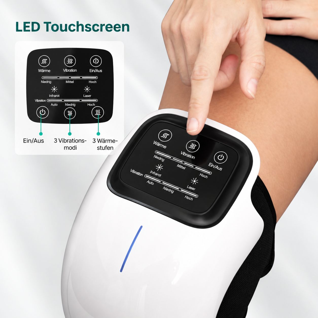 Nahaufnahme eines weißen Kniemaschinen-Massagegeräts mit LED-Touchscreen und Bedienelementen.