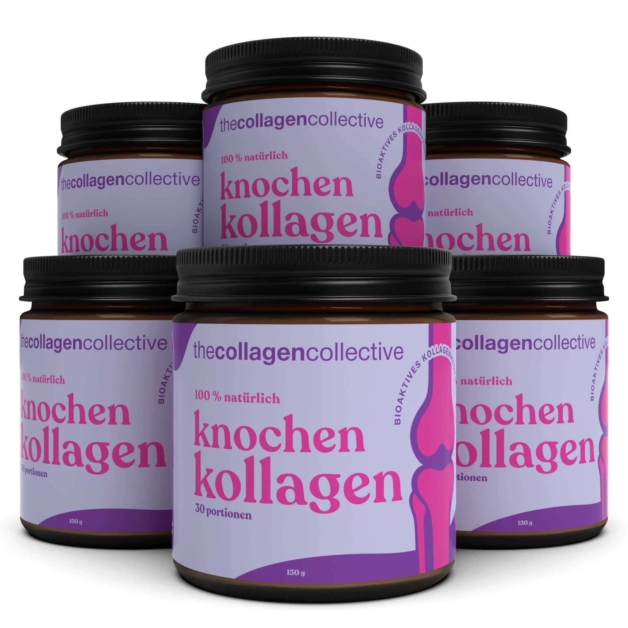 Mehrere Gläser Kollagenpulver. Aufschrift: Knochen Kollagen. Braune Deckel, lila Etiketten, schwarze Schrift.